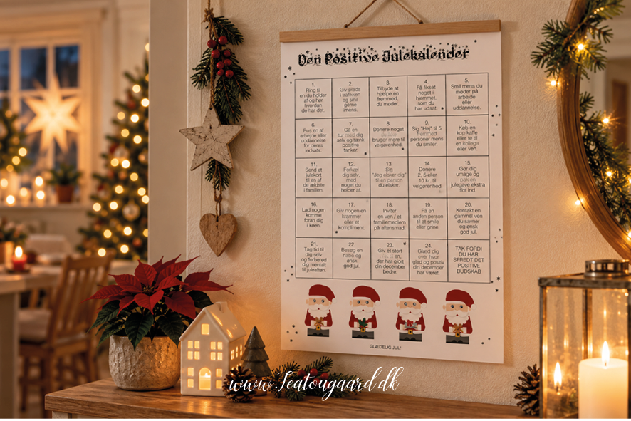 Den positive julekalender, positiv julekalender, gratis julekalender, print selv julekalender, julekalender til print, gratis julekalender til børn, positiv julekalender til børn, julekalender med positive budskaber, julekalender med søde ord, julekalender med komplimenter, julekalender med gode gerninger, julekalender med kærlige beskeder, alternativ julekalender, julekalender uden gaver, julekalender uden slik, hjemmelavet julekalender, DIY julekalender, kreativ julekalender, gratis juleprint, julekalender til familien, julehygge med børn, december med børn, hyggelige juletraditioner, positive tanker i december, sprede glæde i julen, nærvær i juletiden, juleaktiviteter for børn, julekalender med fokus på glæde, personlig julekalender, dansk juletradition, julepynt til hjemmet, julekalender på køleskabet, julekalender til ophæng, gratis download til jul, printbar julekalender, TeaTougaard.dk